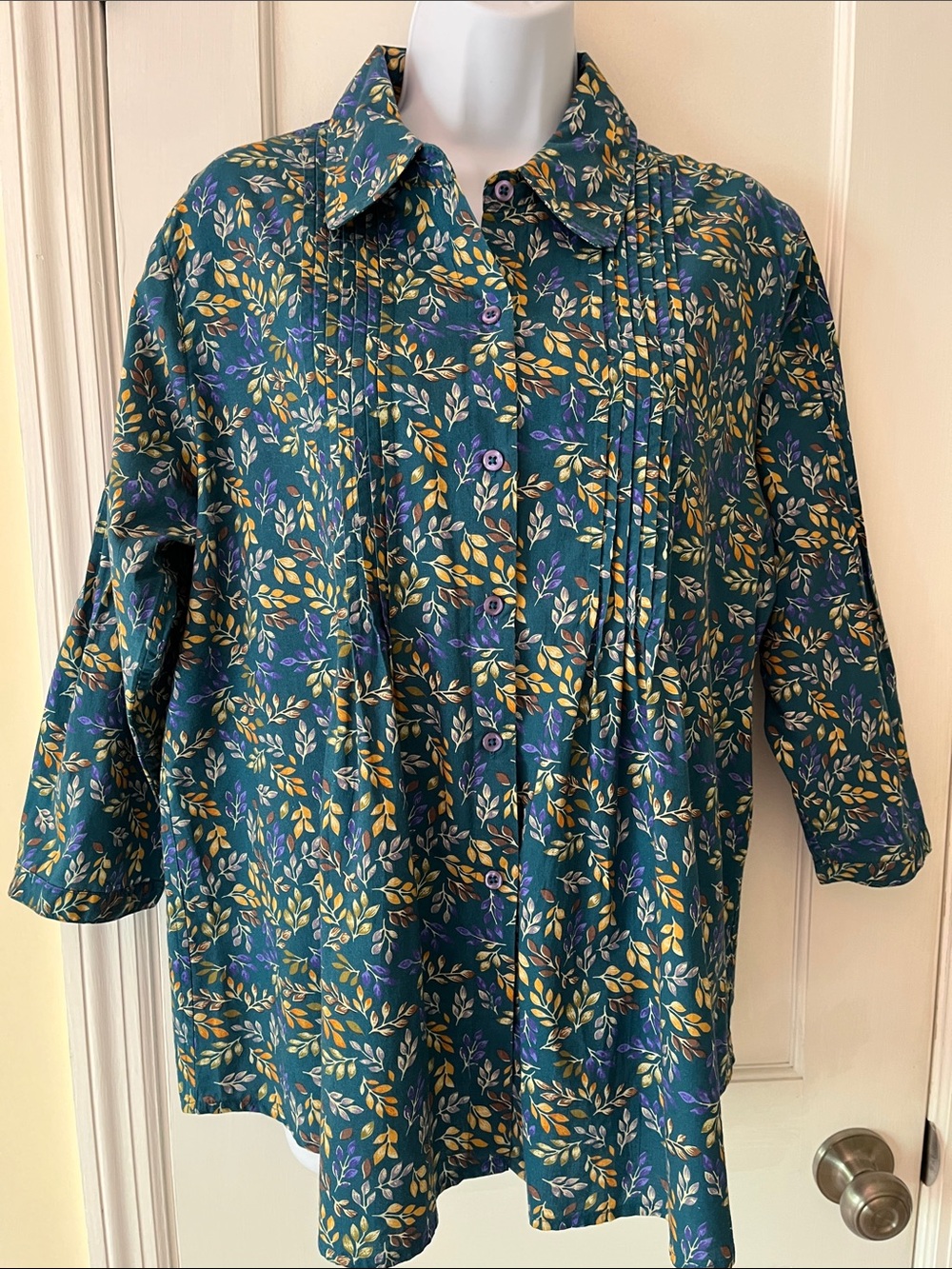 Cotton Pintuck Button Up Blouse Tunic Women's Large Teal Leaf Print Relaxed Fit